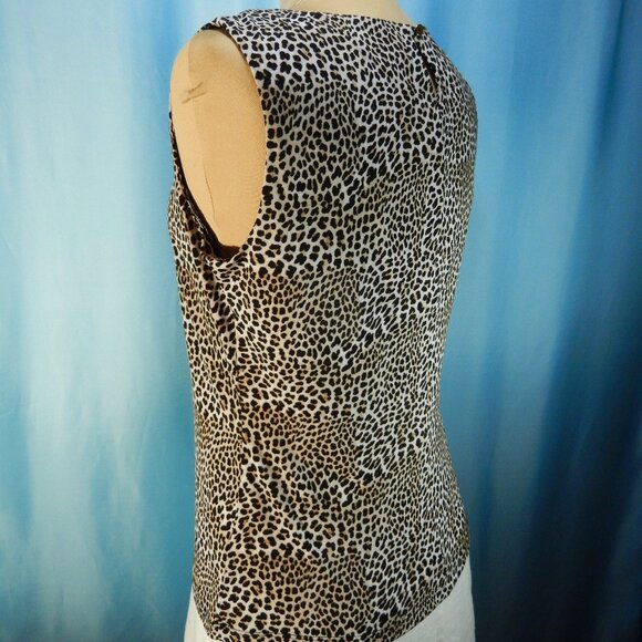 Calvin Klein Cheetah Pleated Neck Tan Cream & Brown Sleeveless Career Medium EUC - Picture 3 of 11